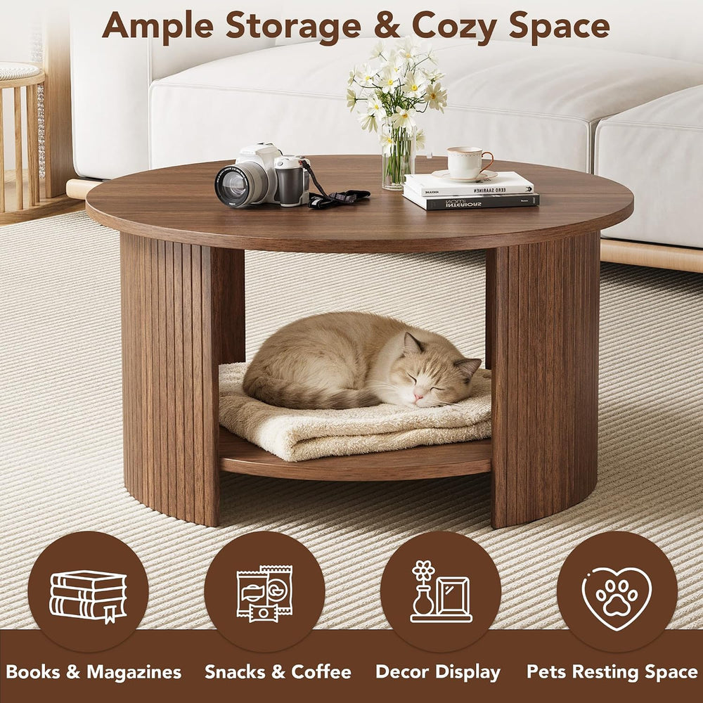 Round Coffee Table with Storage, 31.5" Modern Fluted Center Table, 2-Tie...
