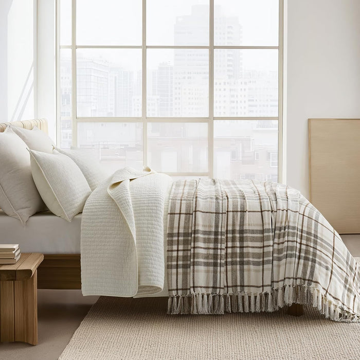 Plaid Chenille Queen Blanket for Bed, 90"x90", Beige