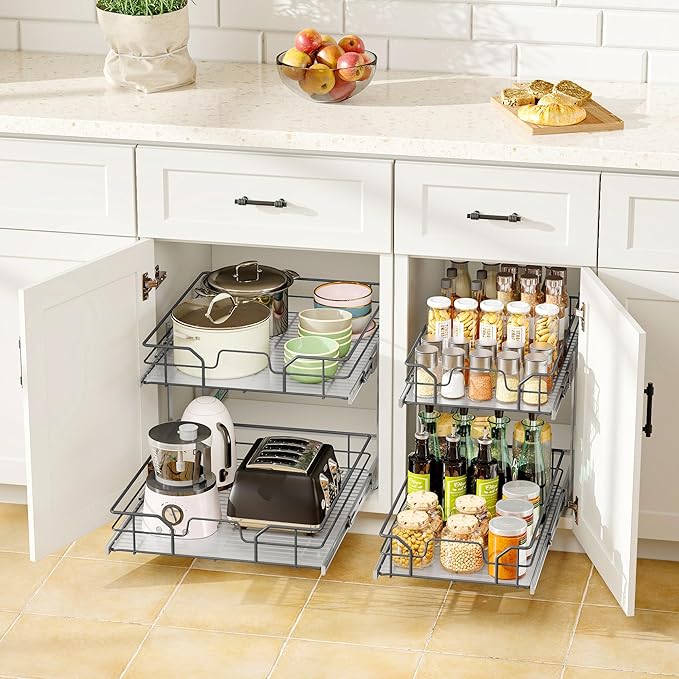 2-Tier Pull Out Cabinet Organizer, Soft Close Cabinet Slide Out Shelves