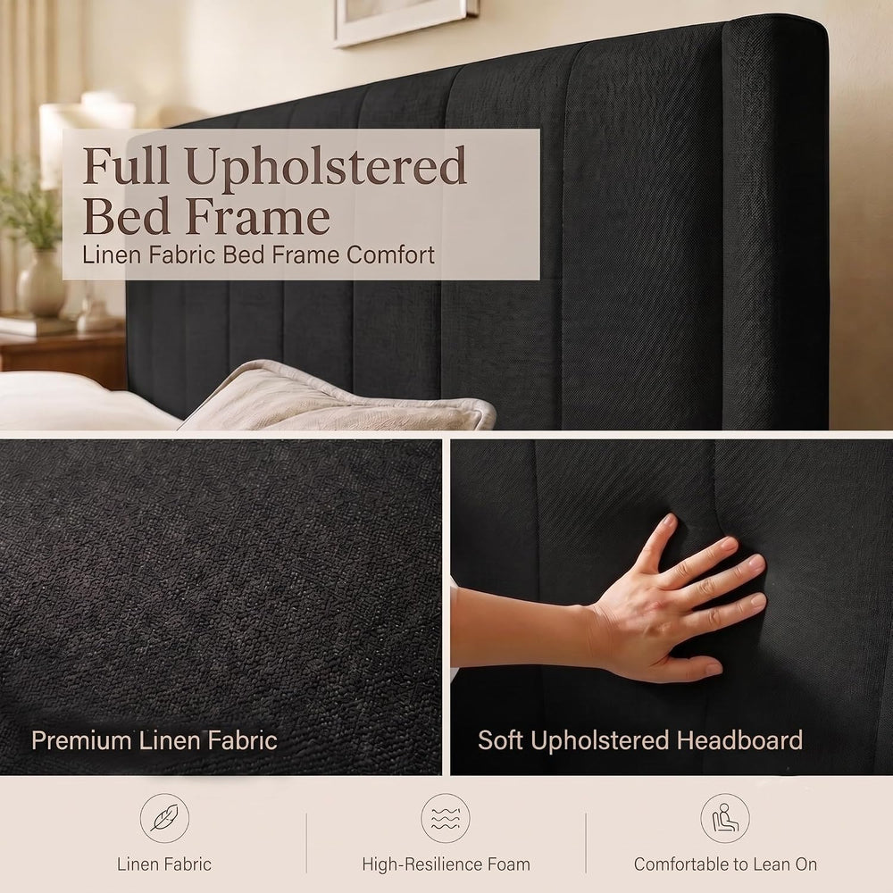 Full Modern Upholstered Platform Bed Frame with Headboard, Black