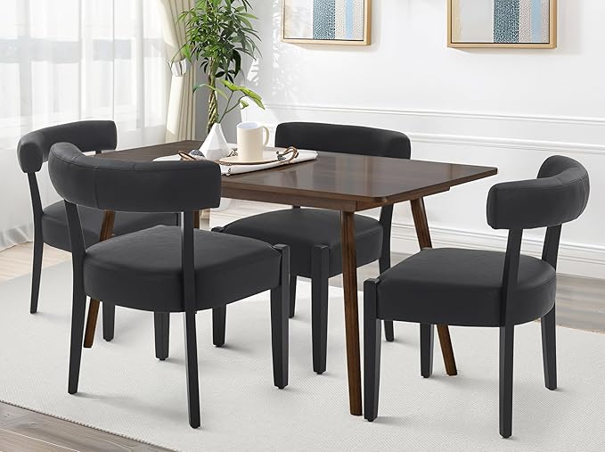 Modern Black Dining Chairs Set of 4, Faux Leather Upholstered Kitchen & D...