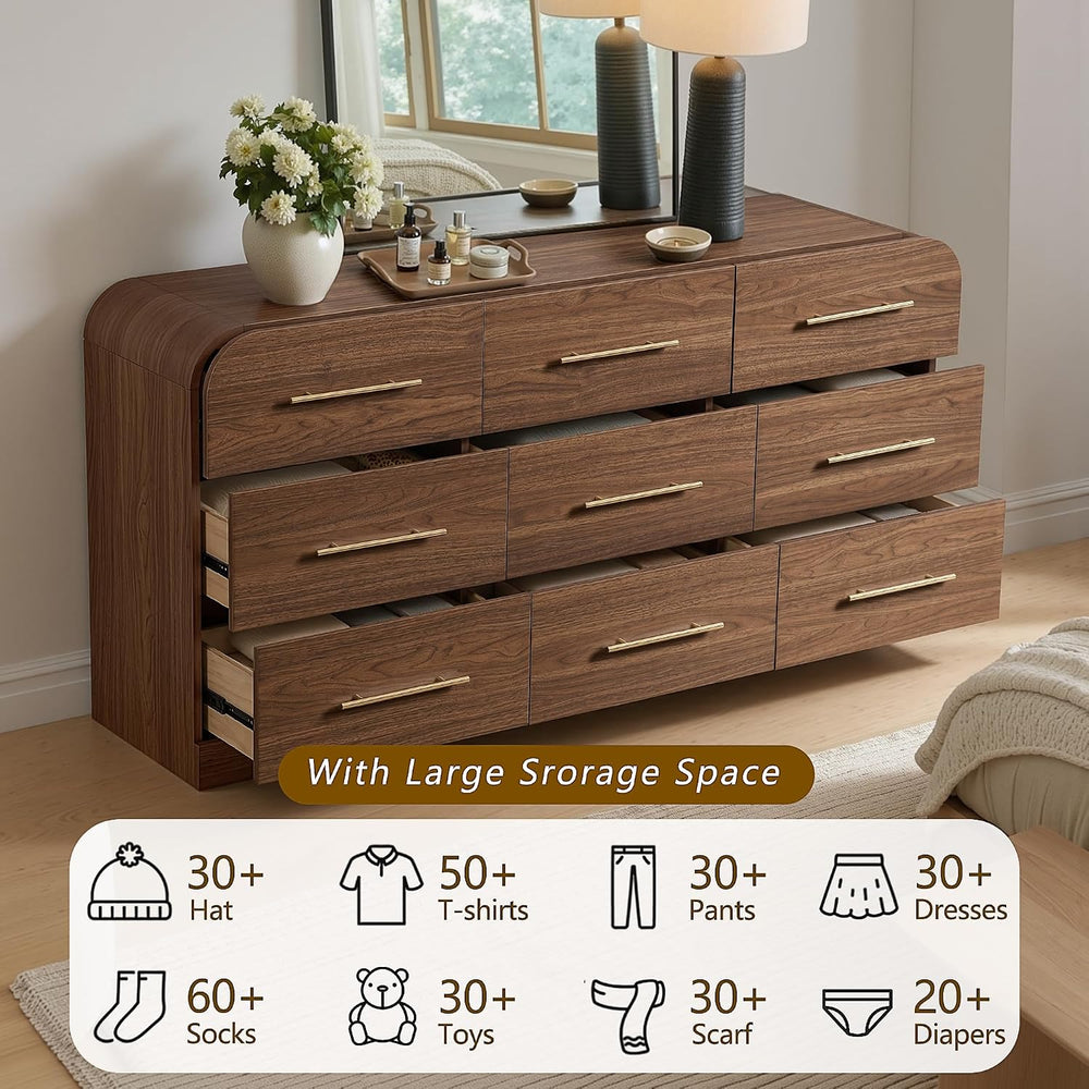 63" Wide 9 Drawer Dresser and Nightstand Set 3 Piece, Walnut