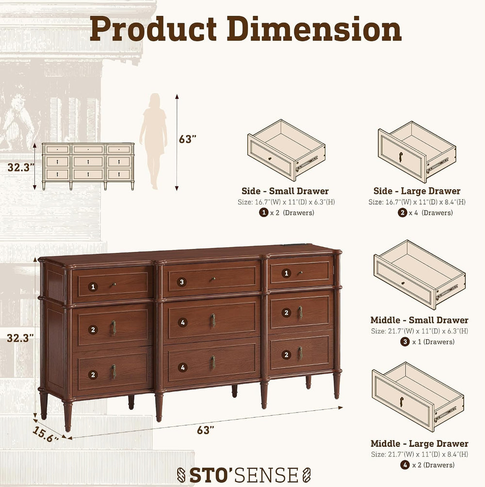 STO'SENSE 63" 9-Drawer Dresser with Power Outlet, Architectural Wood...