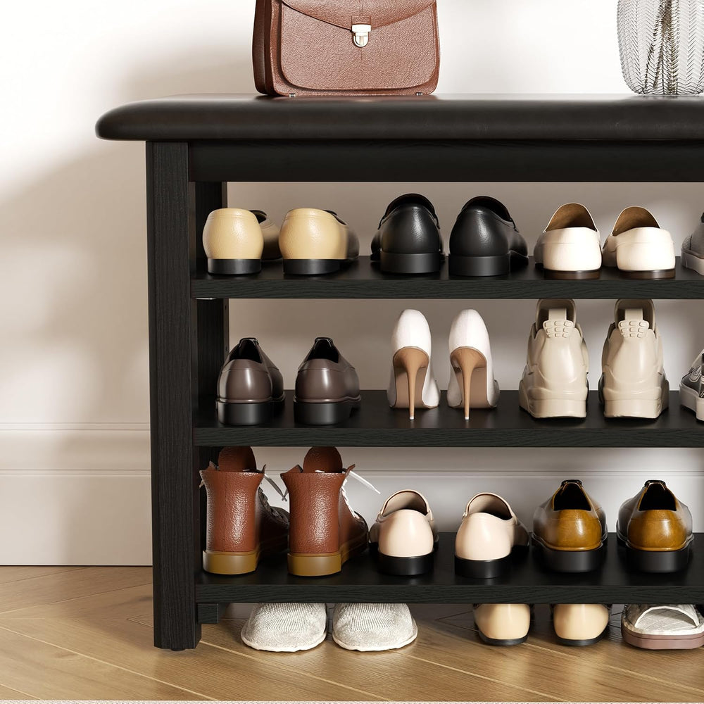 Shoe Rack Bench with Leather Cushion 3-Tier Shoe Rack Organizer for Entryway ...