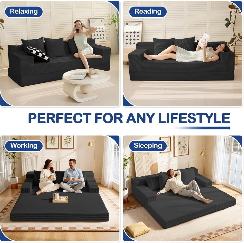 2 in 1 Convertible Boneless Couch Bed, Corduroy futon Sofa Bed, Compression F...