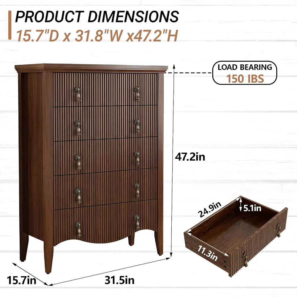senlin 47‘’ 5 Drawer Fluted Dresser,Vintage Tall Chest of Drawers,Walnut