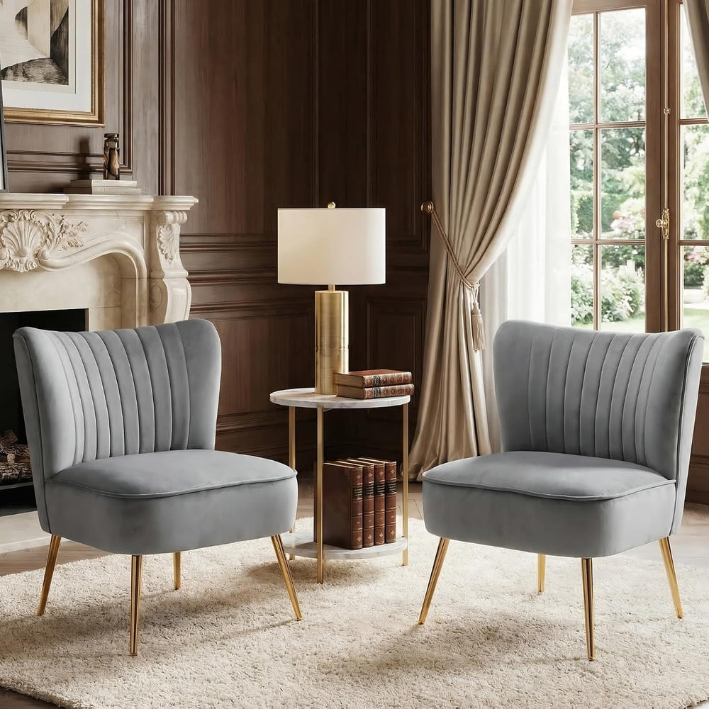 DUOMAY Modern Accent Chair Set of 2 Velvet Slipper Chair with Gold Legs Wingb...
