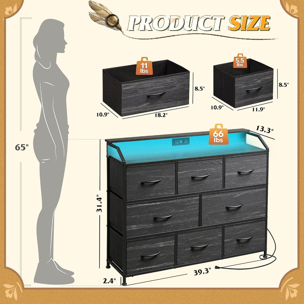 WLIVE Dresser for Bedroom, 8 Drawer LED Dresser, Black Wood Grain