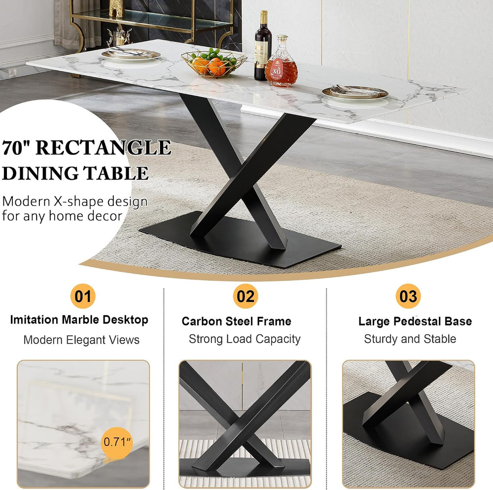 70in Faux Marble Dining Table for 6-8 Person, Modern White Kitchen Dining Roo...