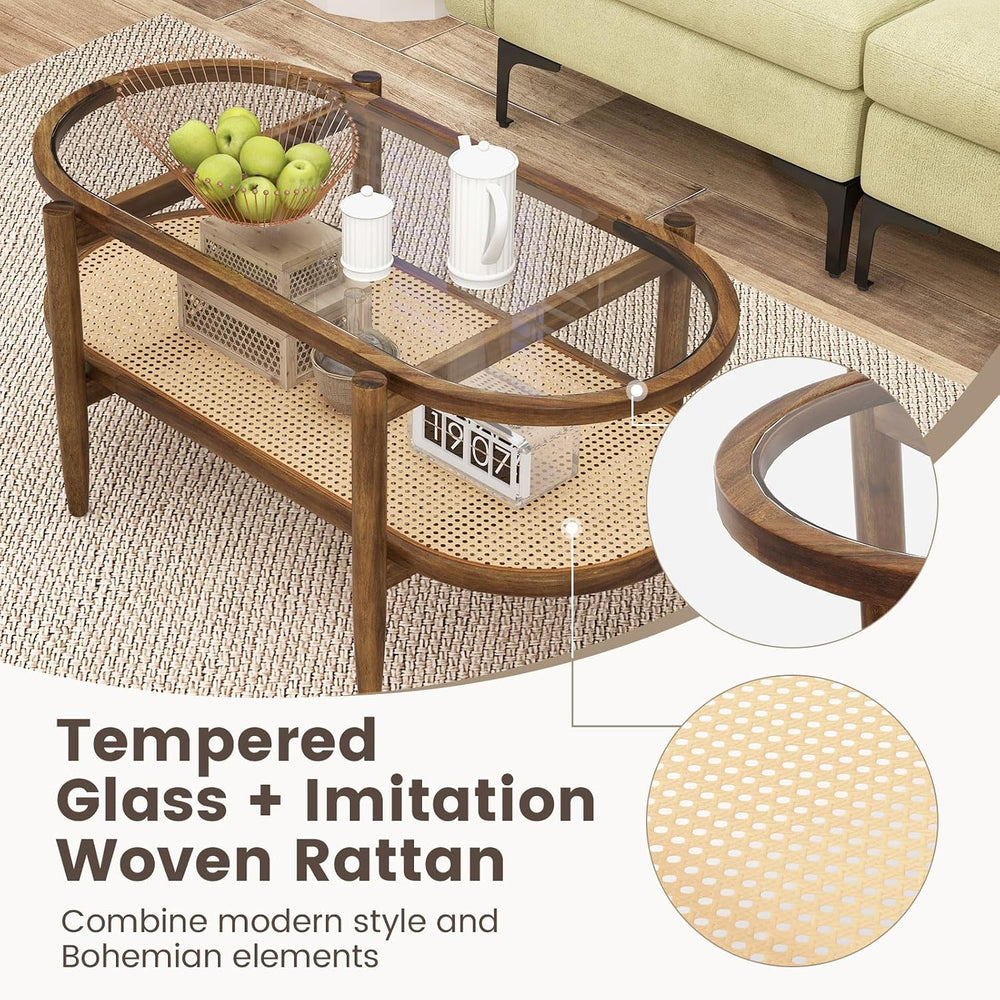 Tangkula Rattan Coffee Table, 40”L Boho Oval Acacia Wood Cocktail Table with ...