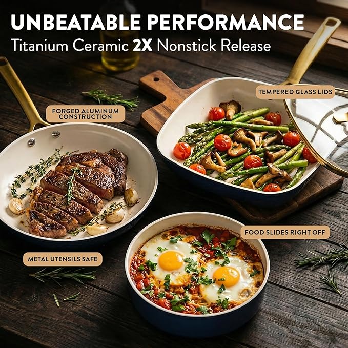 Gotham Steel Hammered 20Pcs Ceramic Cookware Set, Induction Pots and Pans Set