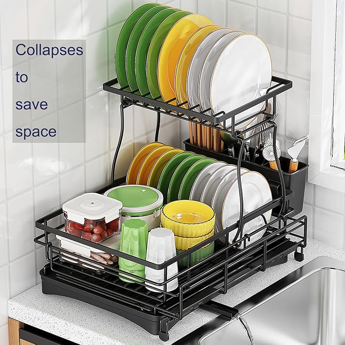 Over The Sink Large 2 Tier Dish Drying Rack Expandable, Dish Drainers