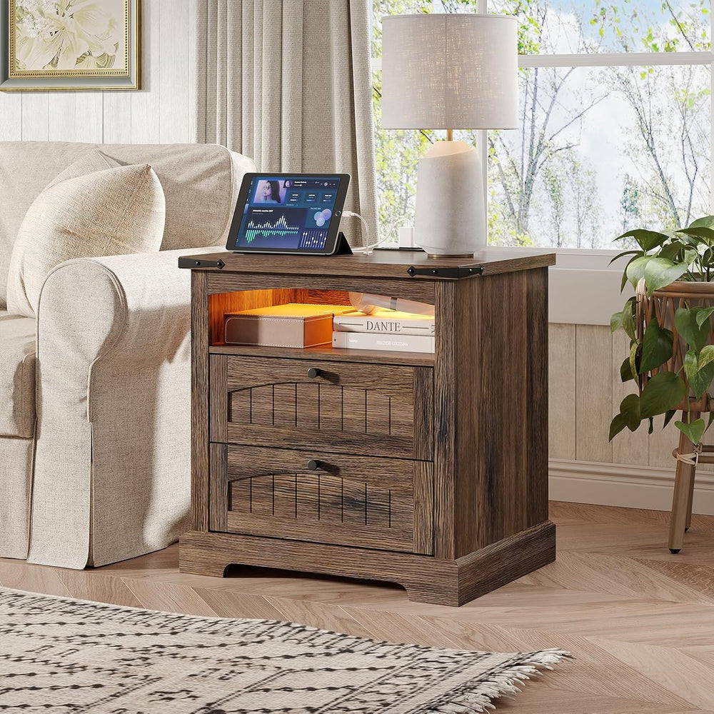 Vabches Nightstand with Charging Station and LED Lights, Vintage End Table wi...