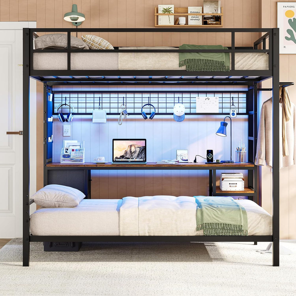 Bunk Bed Full Over Twin with Desk, Led Lights and Charging Station,Black