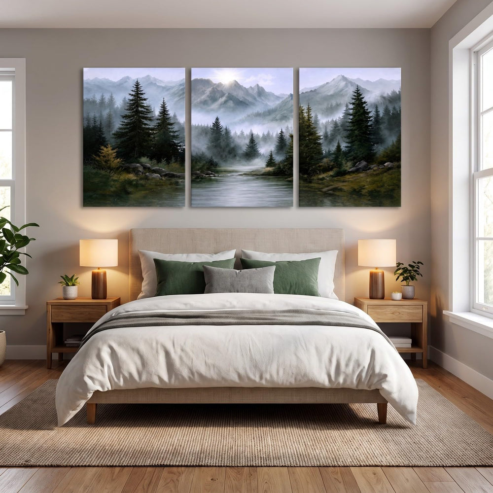 Mountain Wall Art Set of 3, foggy mountain Forest Nature Landscape Canvas