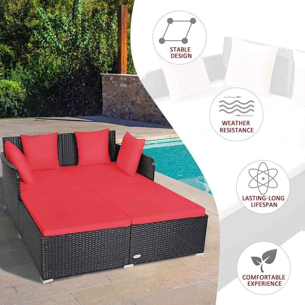 COSTWAY Outdoor Patio Rattan Daybed, Sponge Cushioned Loveseat Sofa