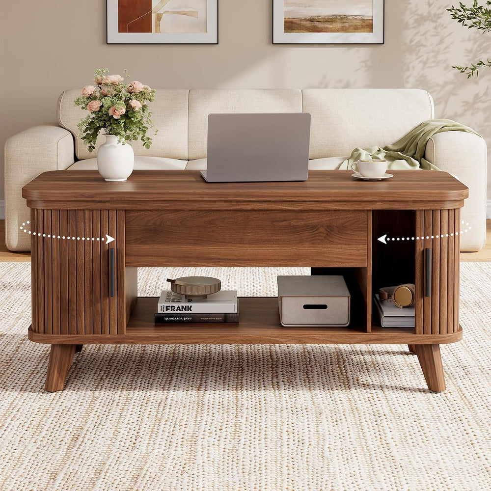 39.4" Mid Century Modern Lift Top Coffee Table, Wooden Fluted Coffee Tab...