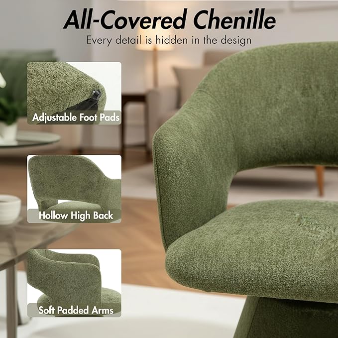 360° Swivel Dining Chair with Arms, Chenille Upholstered Barrel Accent Kitche...