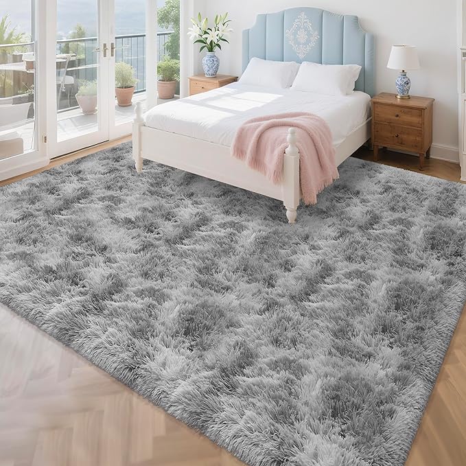 Large Area 8x10ft Carpet Tie-Dyed Grey Washable and Fluffy