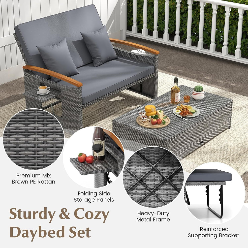 COSTWAY Patio Rattan Daybed, Outdoor Loveseat Sofa with Storage Ottoman