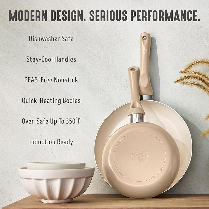GreenLife 2-Piece Nonstick Frying Pan Set, 8” & 10” Skillets, Non-Toxic C...