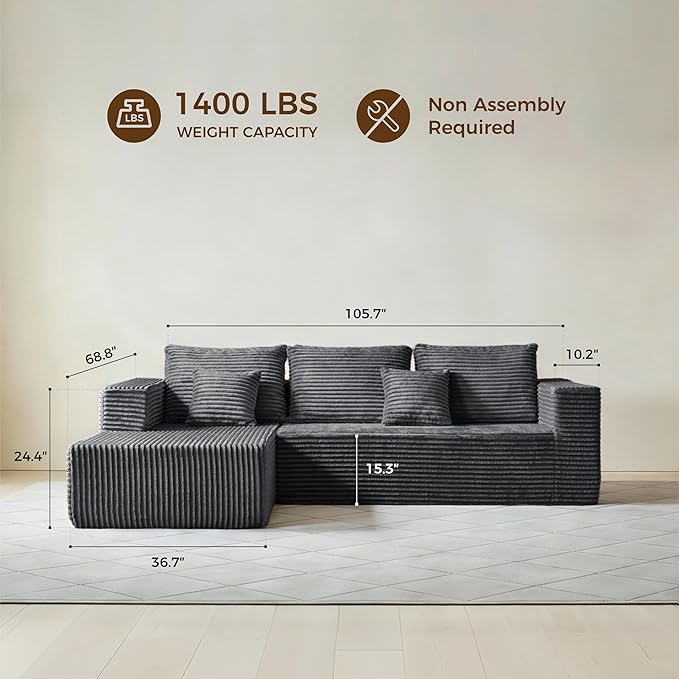 106" Dark Gray Corduroy Boneless Modular Sectional Sofa, Cloud-Louch Dee...