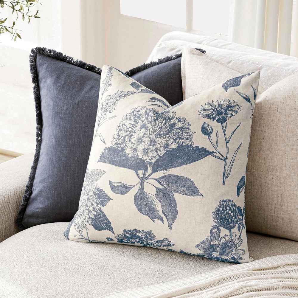 Foindtower Decorative Linen Floral Throw Pillow Covers 22×22 Inch,Blue