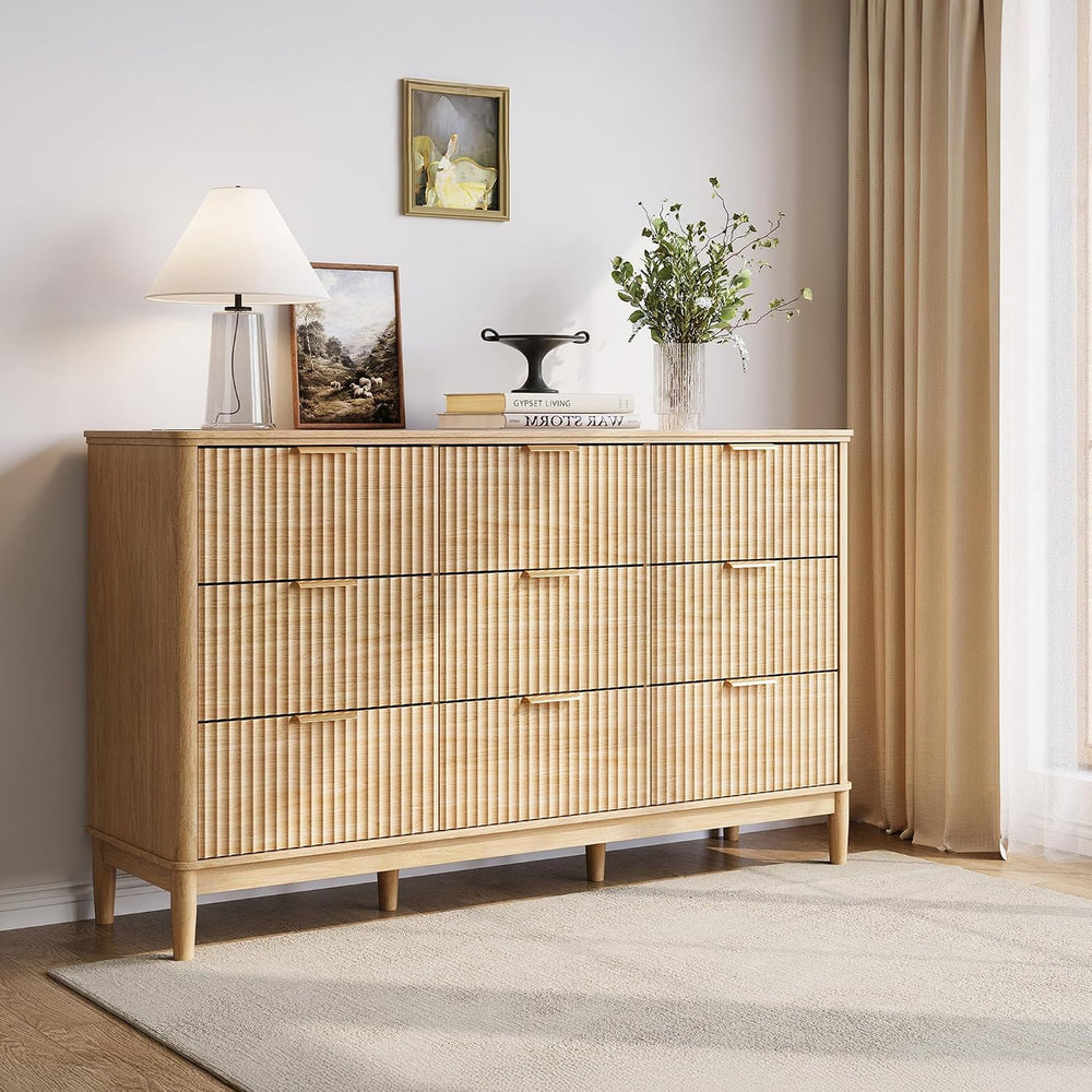 LINSY Fluted 9 Drawer Dresser for Bedroom, 58" Wide Mid-Century Modern T...