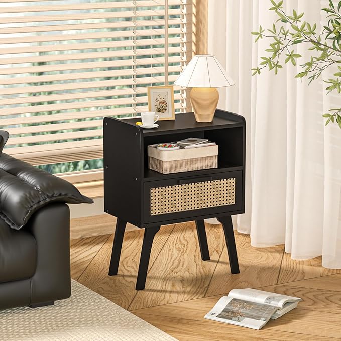 Lerliuo Rattan Nightstands Set of 2, Bedside Table with Drawer Open Shelf, Ca...