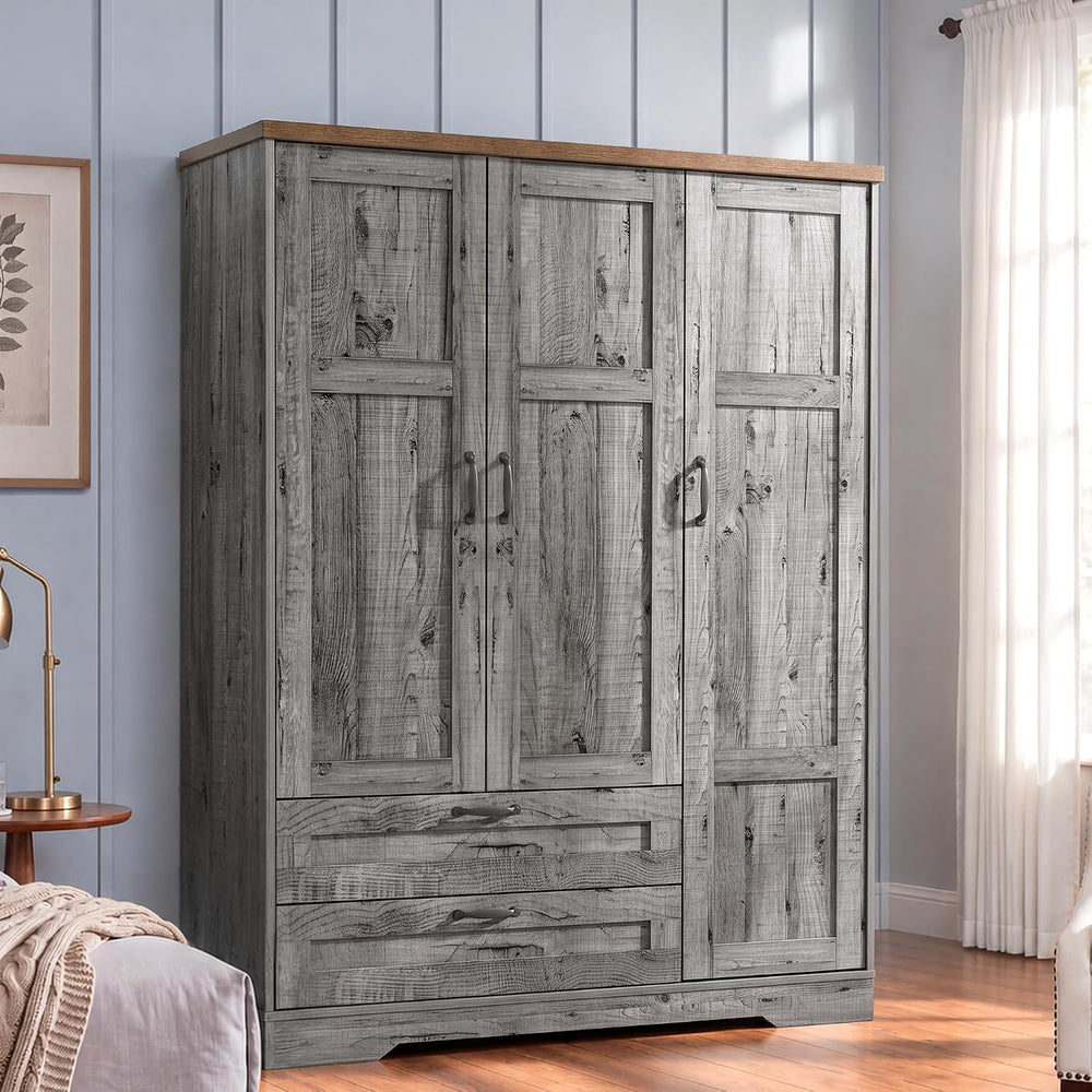 Yechen 62" Wooden Armoire Wardrobe Closet with 3 Doors & 2 Drawers, ...