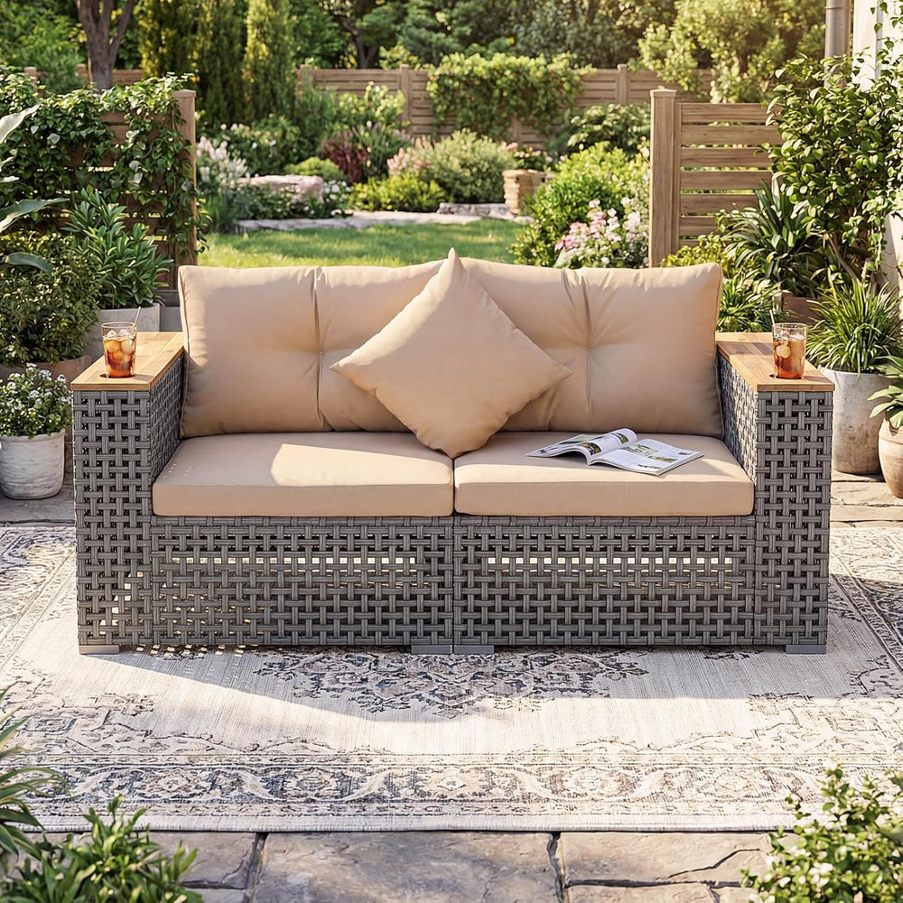 Tangkula 62.5" Patio Wicker Loveseat with Acacia Wood Armrest & Cup ...