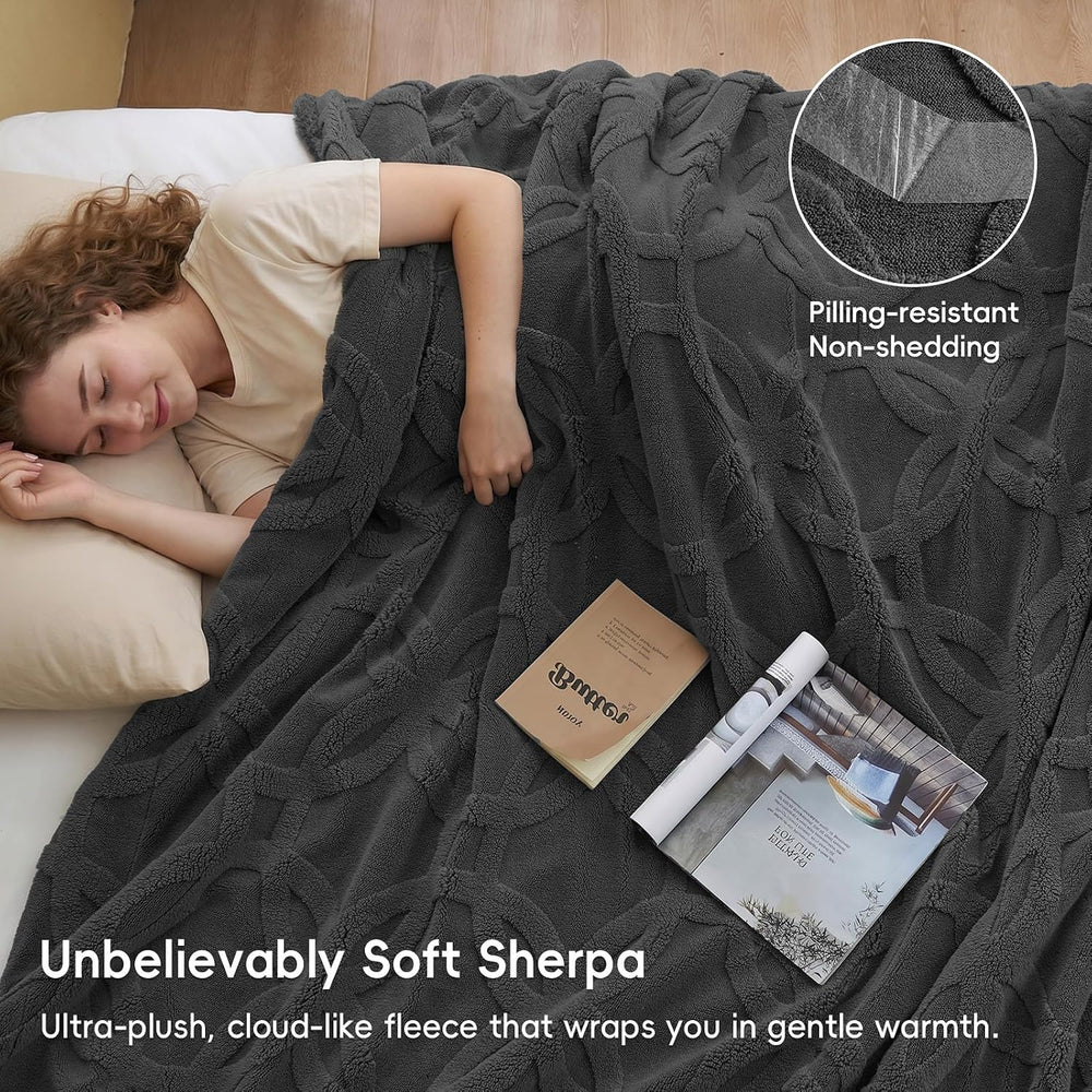 PHF Soft Sherpa Fleece Blanket Queen, Tufted Jacquard, 01-Dark Grey