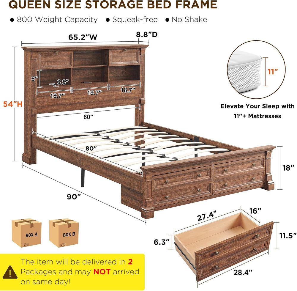 Farmhouse Queen Size Bed Frame with 54" Tall Headboard, 2 Footboard Drawers