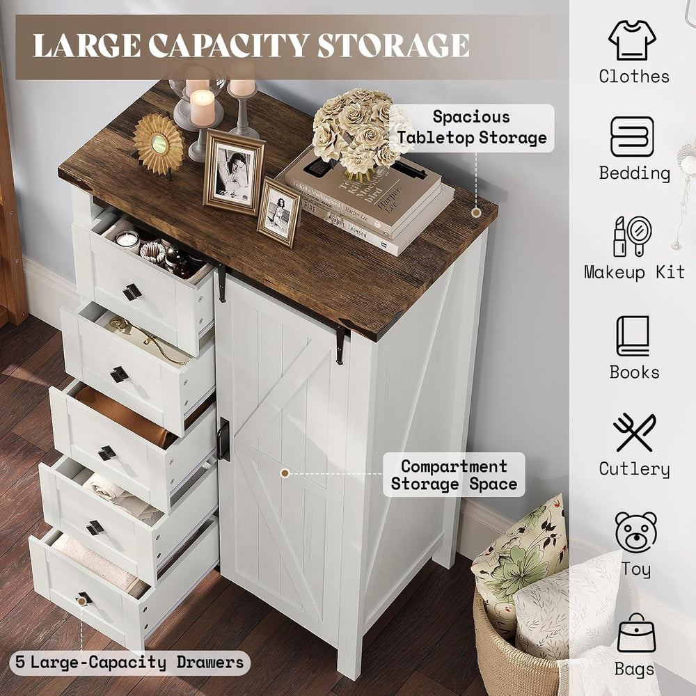 AMERLIFE 31.5" Farmhouse 5-Drawer Dresser with Barn Doors, Distressed White
