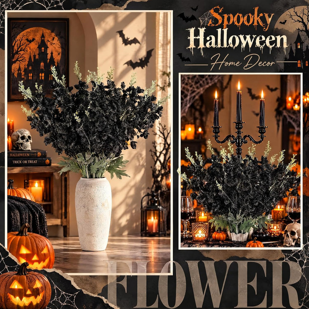 Thiccywoov 24 Pcs Halloween Black Delphinium Artificial Flower Bulk, 34.25"