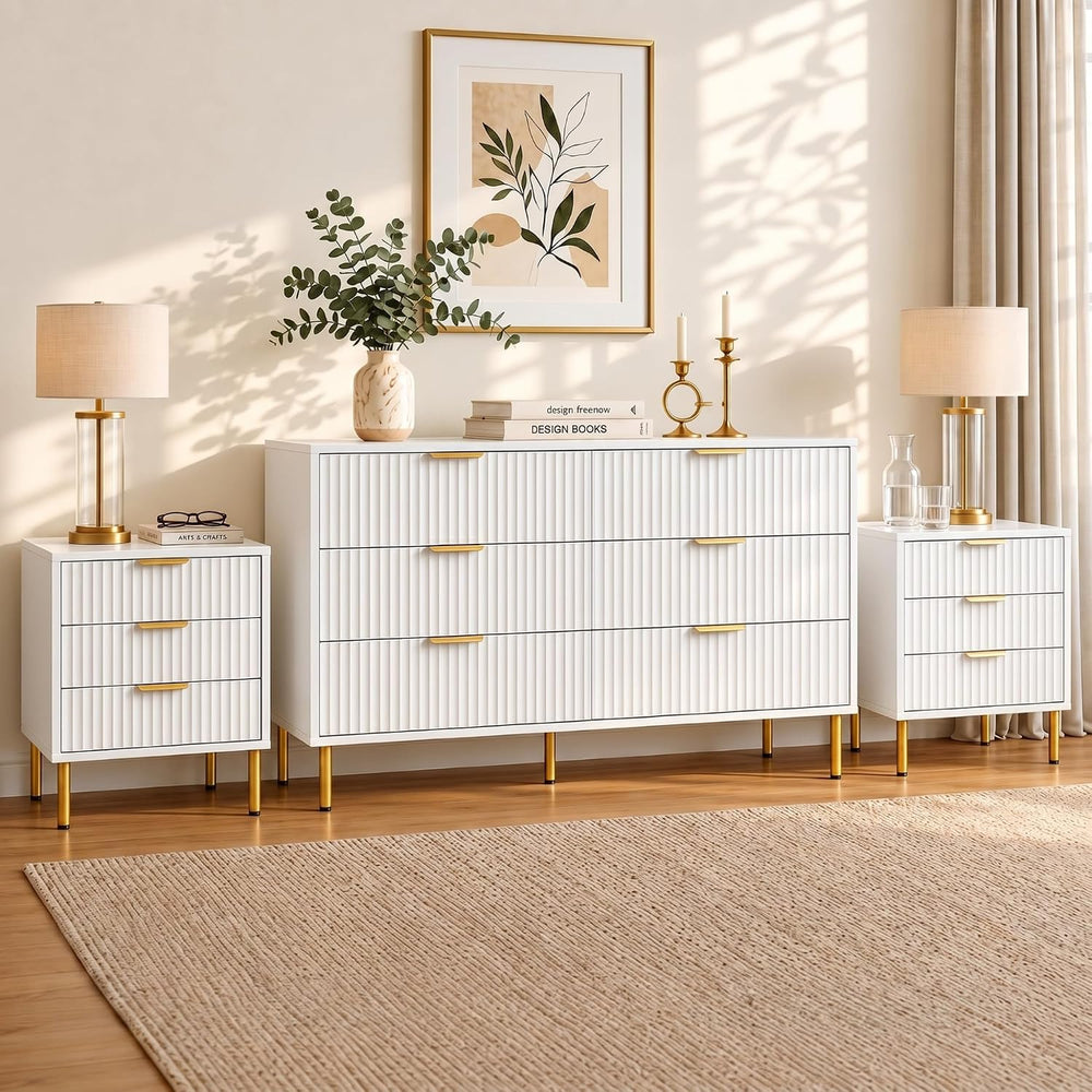White and Gold 3-Piece Fluted Dresser and Nightstand Set for Bedroom