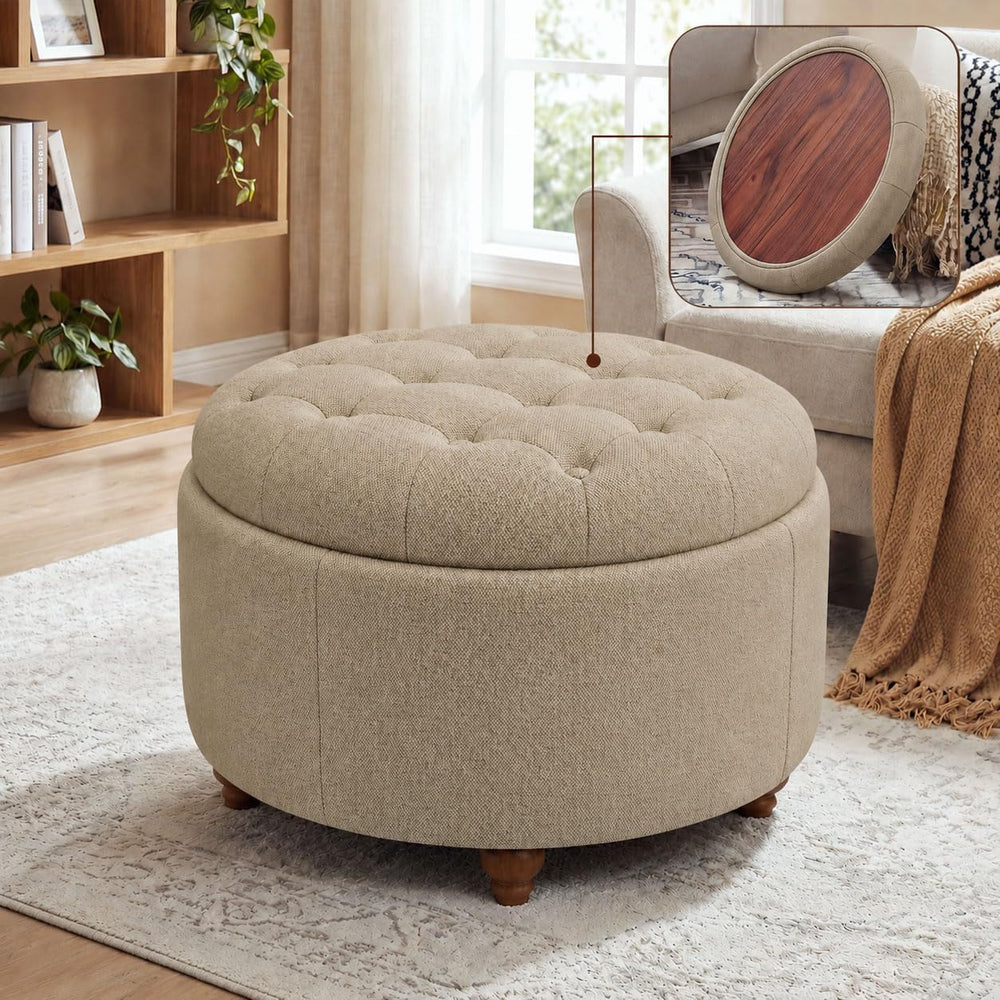 25" Round Ottoman with Storage, Small Coffee Table with Reversible Tray ...