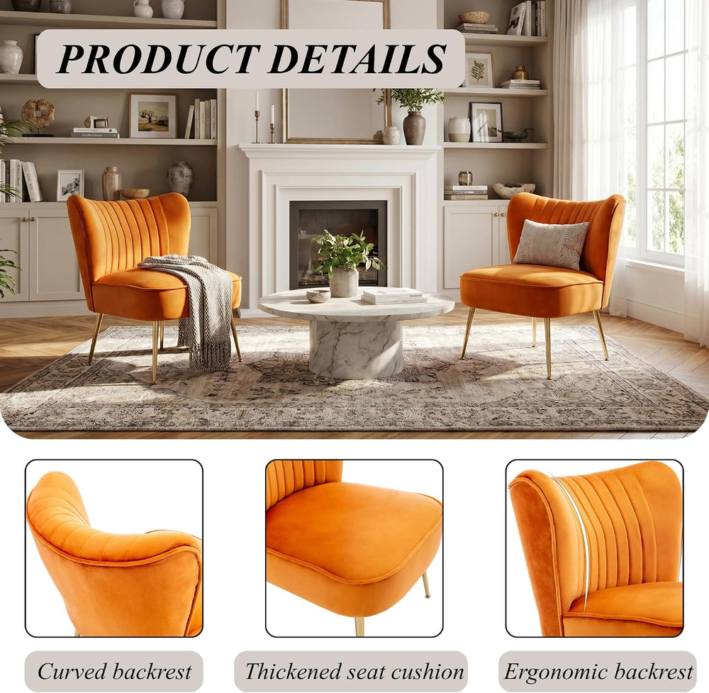 Velvet Accent Chairs Set of 2 for Comfy Living Room Armless Slipper Chair Mid...