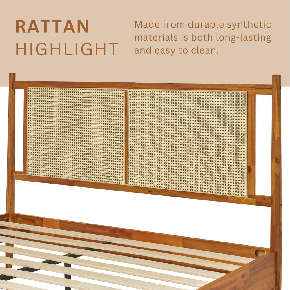 Bme Oliver 15-Inch Queen Bedframe with Rattan Headboard, Bohemian, Caramel