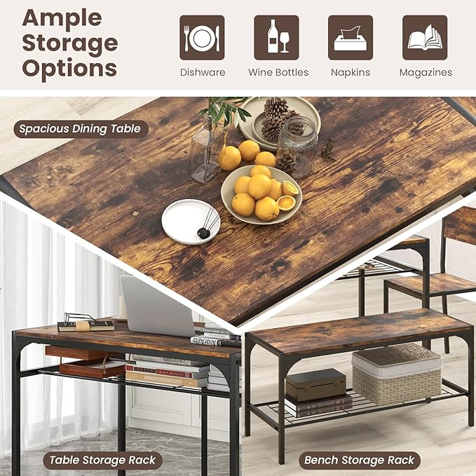 Giantex Dining Table Set for 4, Kitchen Table with Chairs & Bench, Storag...