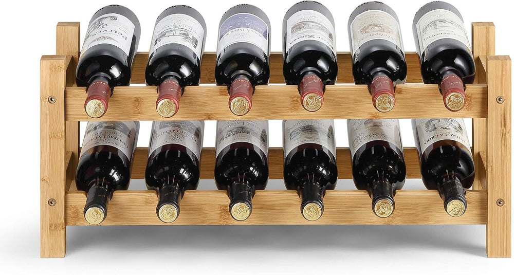 2 Tiers Bamboo Wine Rack Countertop Wine Display Stand Wine Storage Shelf Win...