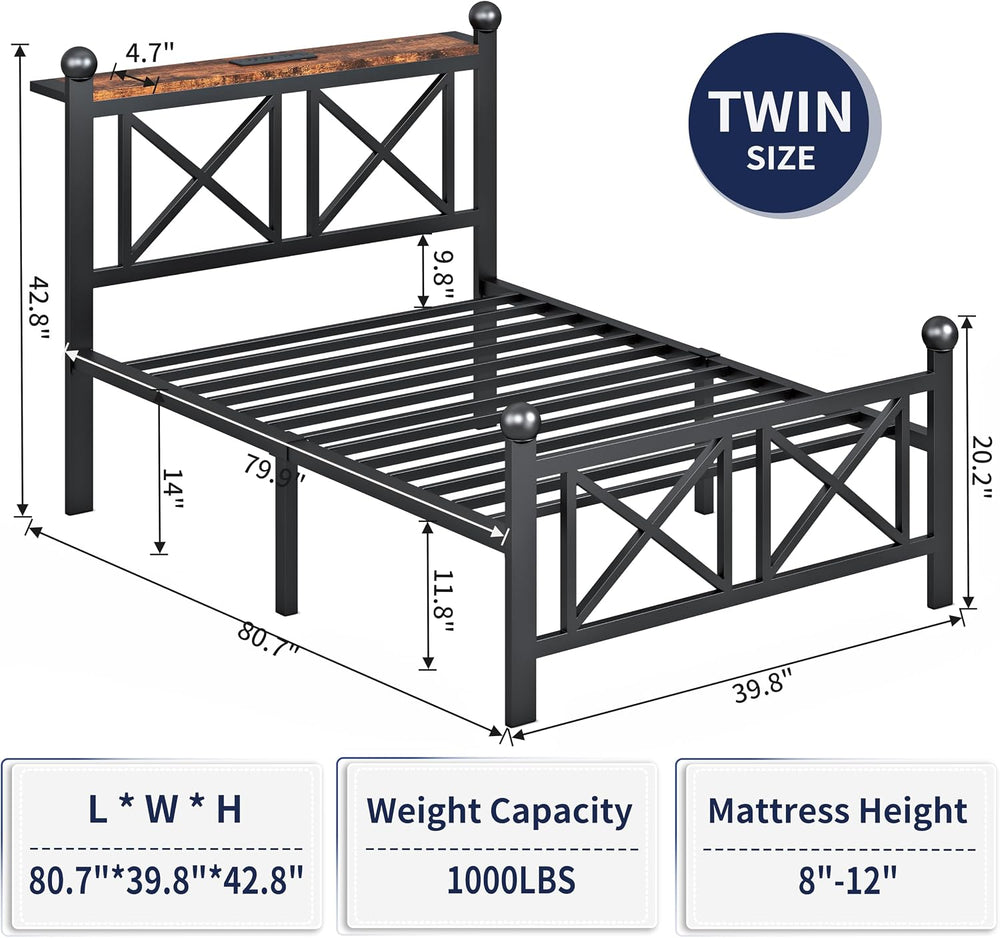 ChicZhiNest Twin Size Bed Frame with Charging Station and LED Lights, Metal P...