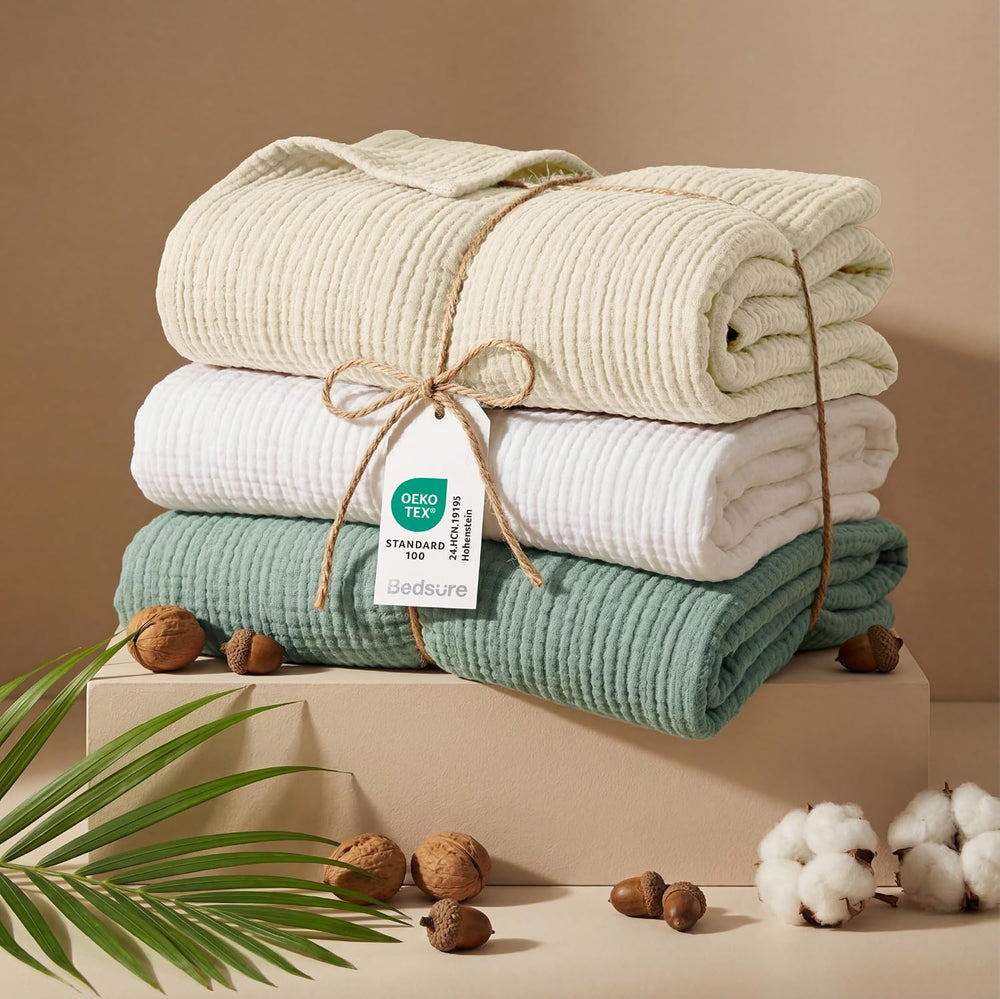 Bedsure 100% Cotton Muslin Blankets for Adults, King, 4-Layer, Linen Beige