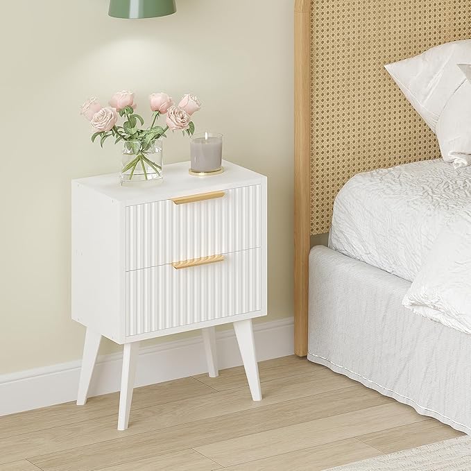 Fluted Nightstand with 2 Drawers,Modern Bedside Table with Metal Handles,Whit...