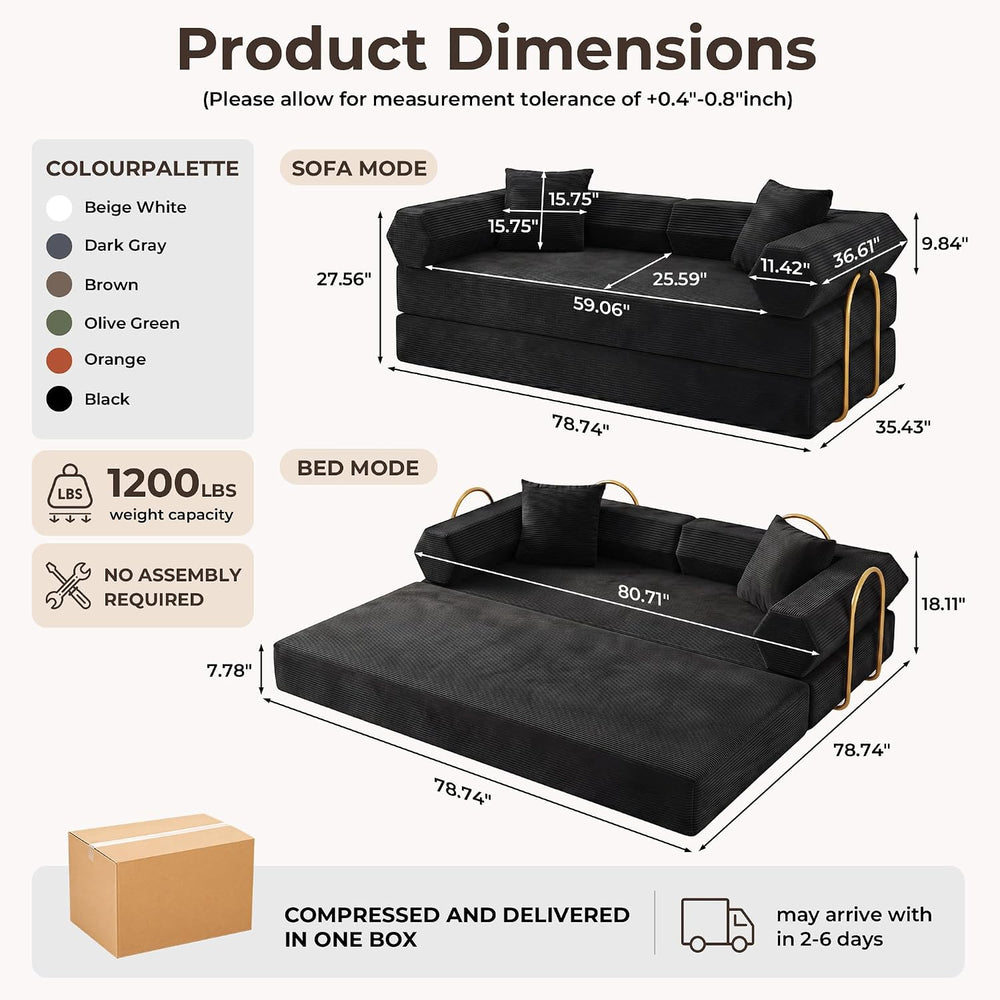 79" Convertible Futon Sofa Bed, Boneless Couch for Living Room | Jet Black