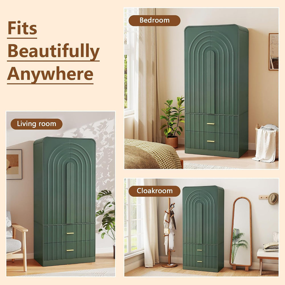 Freestanding Armoire Wardrobe Closet with Arched Fluted 2 Doors and 2 Storage...