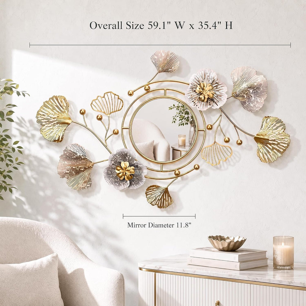 59" Large 3D Ginkgo Floral Metal Wall Decor Mirror