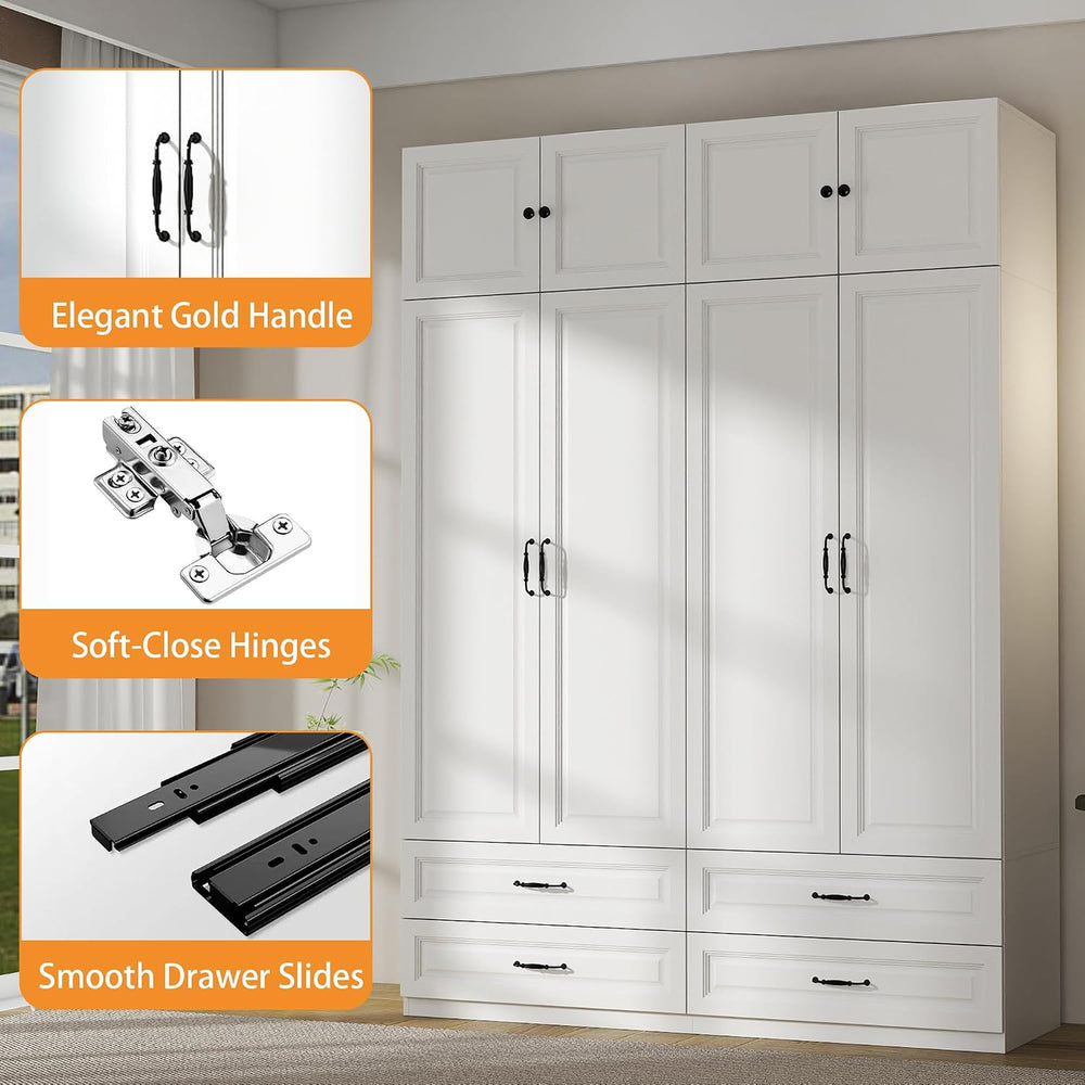 White Armoire Wardrobe Closet with 4 Drawers, 88" Tall x 63" Wide
