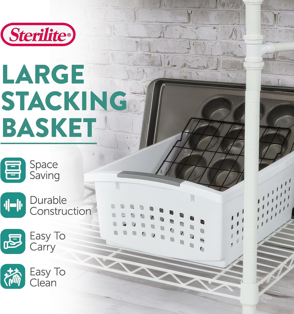 Sterilite Large Stacking Basket Plastic Storage Organizer, White, 4-Pack
