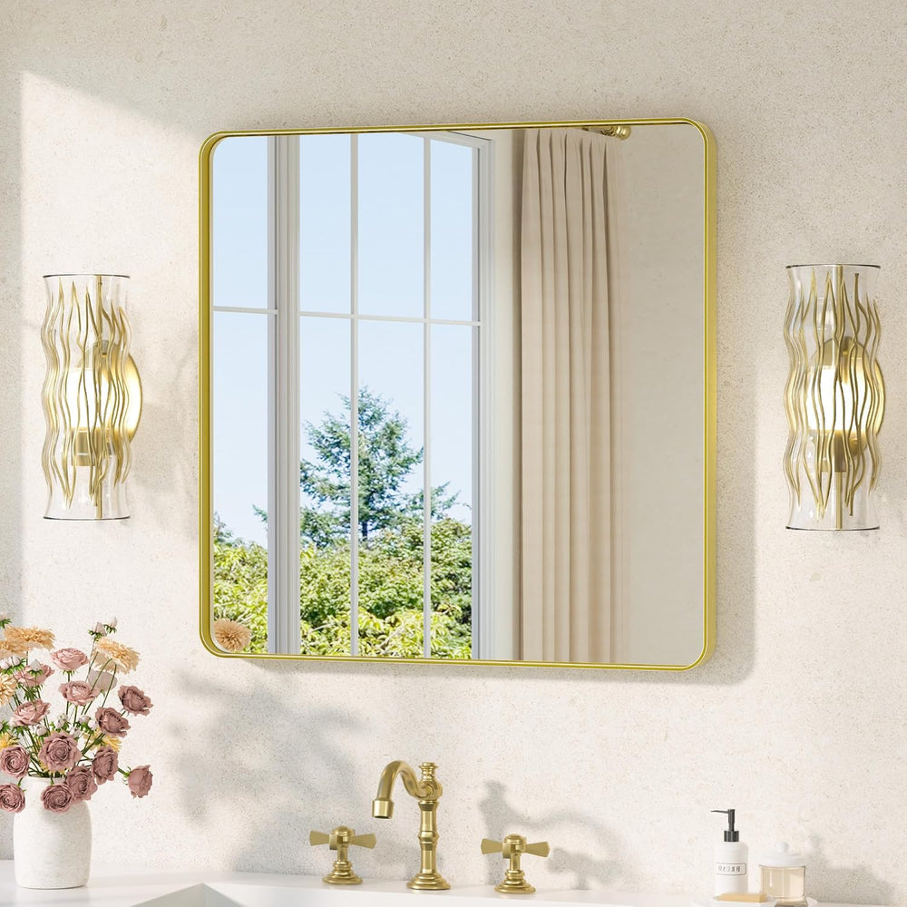 TETOTE Brushed Gold Bathroom Mirror 30 x 30 Gold Metal Framed Bathroom Mirror...